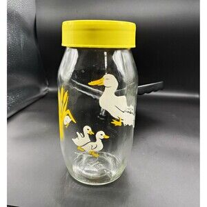 Carlton Vintage 2L Glass Canister Jar w/ Yellow Lid Duck & Ducklings Pictorial